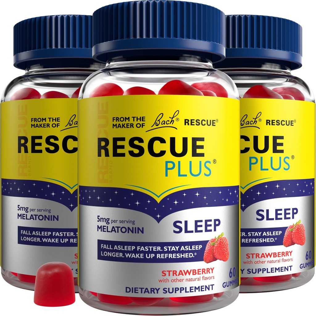 Bach RescUE PLUS Melatonin Gumies de somn, Aroma naturala de capsuni, Ajutor pentru somn, Supliment alimentar, Vegan, Gluten-Free, Fără arome artificiale, Culori sau îndulcitori, 3 Pack, 180 Conte Total