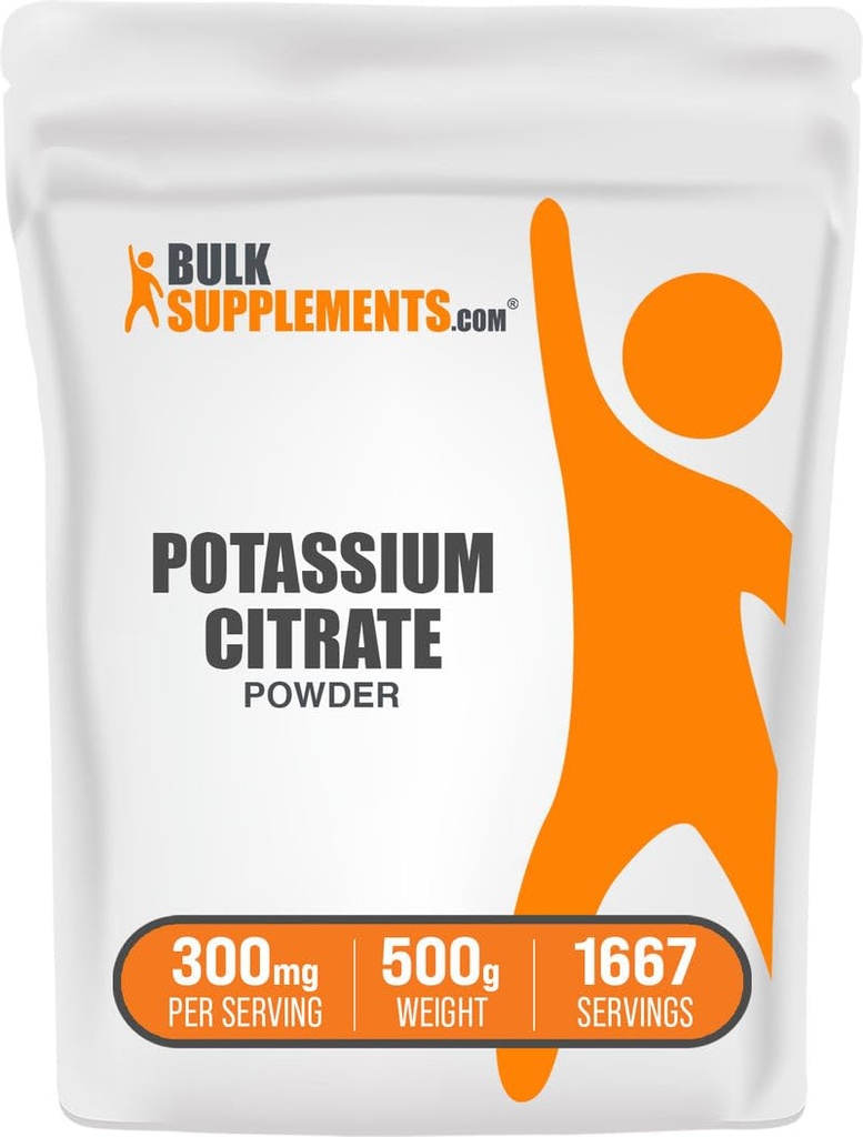 BulkSupplements.com Citrat de potasiu pulbere - pentru suport de hidratare, Supliment mineral, Potasiu 99mg - Gluten gratuit, 300mg per Serving, 500g (1.1 lbs) (Pachet de 1)