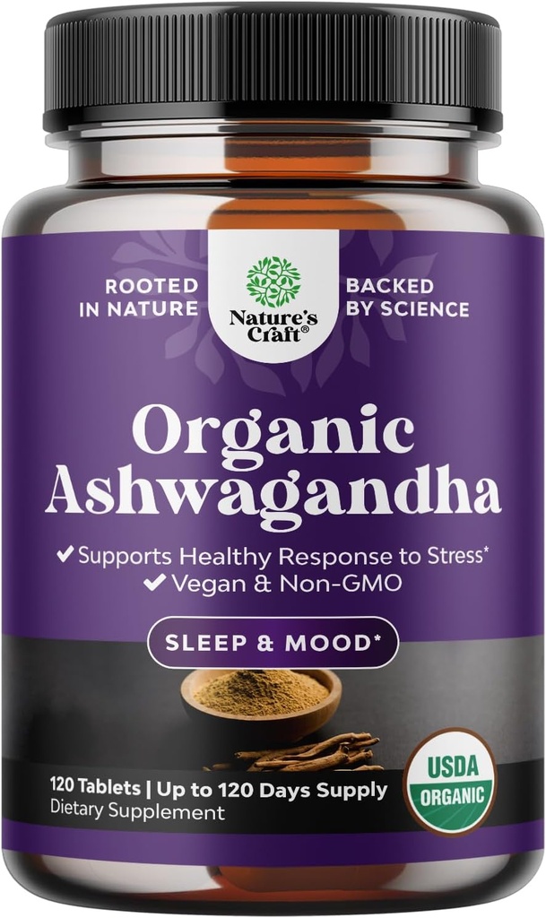 High Strength Organic Ashwagandha Supplements - Ashwagandha Organic Tablets for Mood Support & Hormone Balance for Women & Men - Root Extract Powder with Black Pepper for Better Absorption - 120 Ct