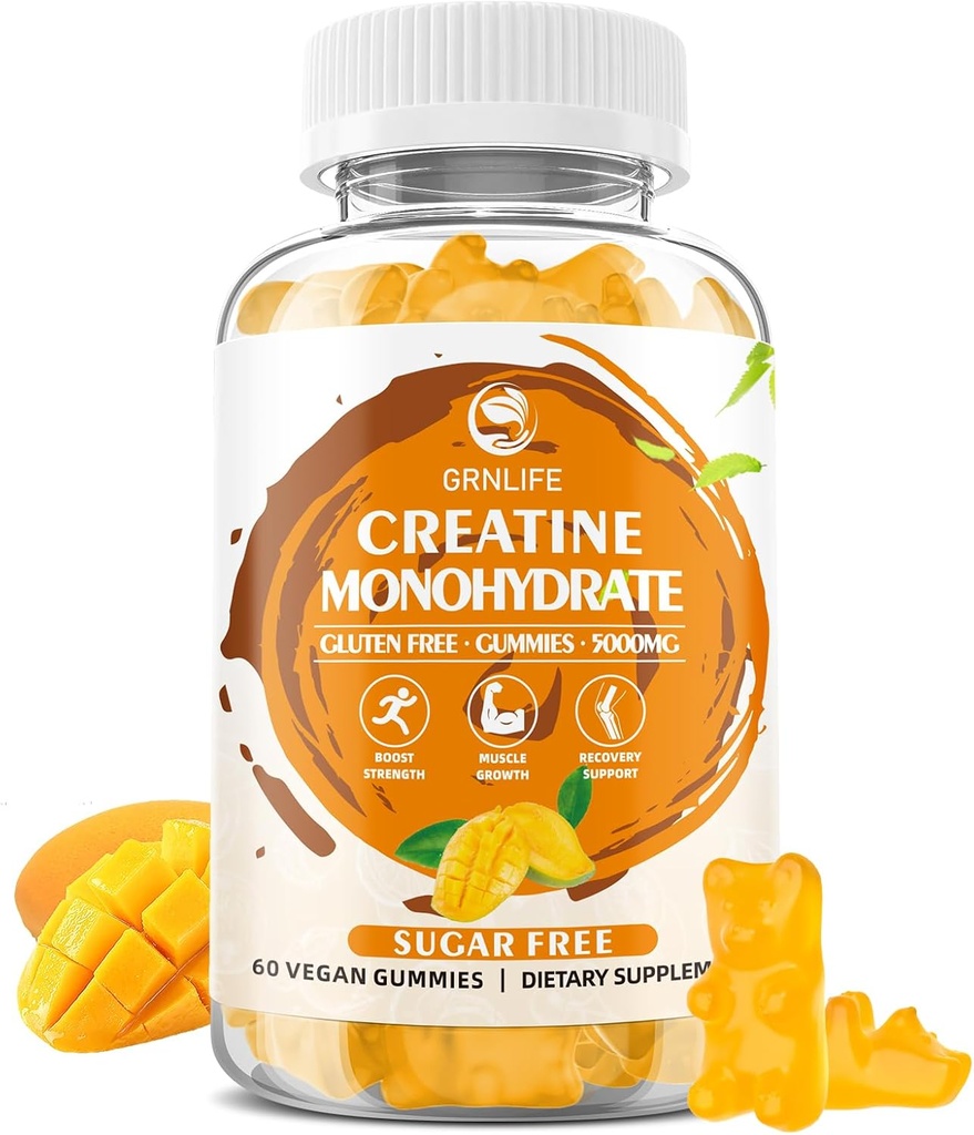 Creatine Monohidrat Gummie pentru bărbaţi şi femei, Masticuri Creatin Monohidrat pentru forţă musculară, Muscle Builder, Energie Boost, Zahăr gratuit, Vegan, Mango Flavor-60 Conte