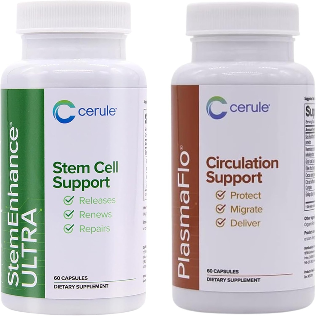 Cerule Stemenhance + Plasmaflo Ultra Suport Cell cu extracte din microalge de apă dulce și Macroalga marine pentru a ajuta la creșterea circulaţiei celulelor stem adulte și promovarea vindecării