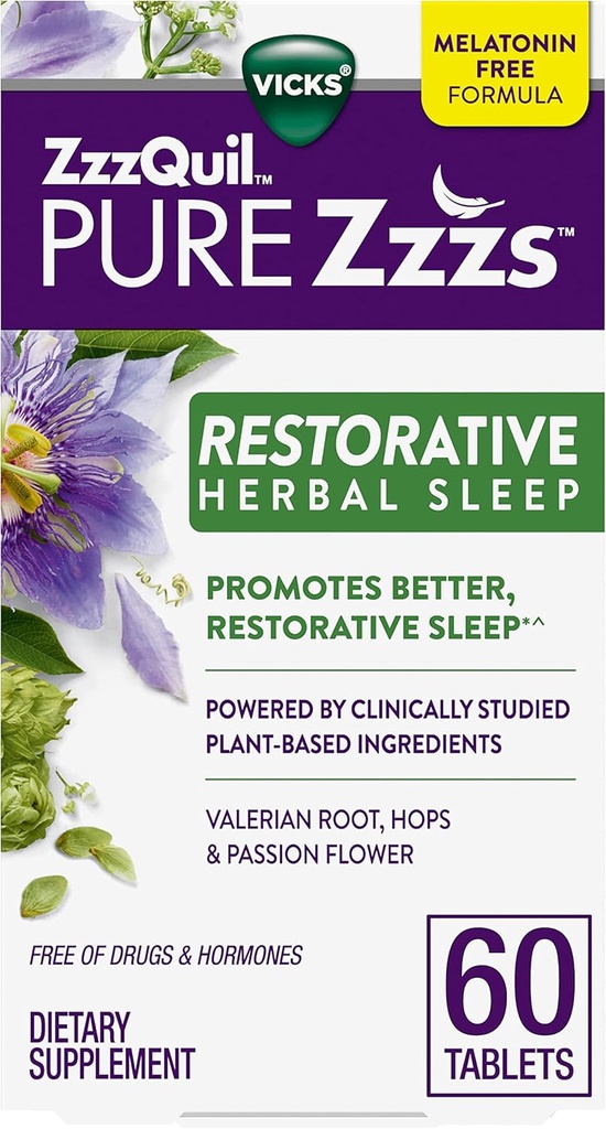 ZzzQuil PURE Zzzs Restaurative Herbal Sleep, Tablete, Gratuit de droguri și hormoni, Melatonina-Free Formula, Root Valerian, Hops, Pasiune Flori, Sleep Aids pentru adulți, 60 Conte