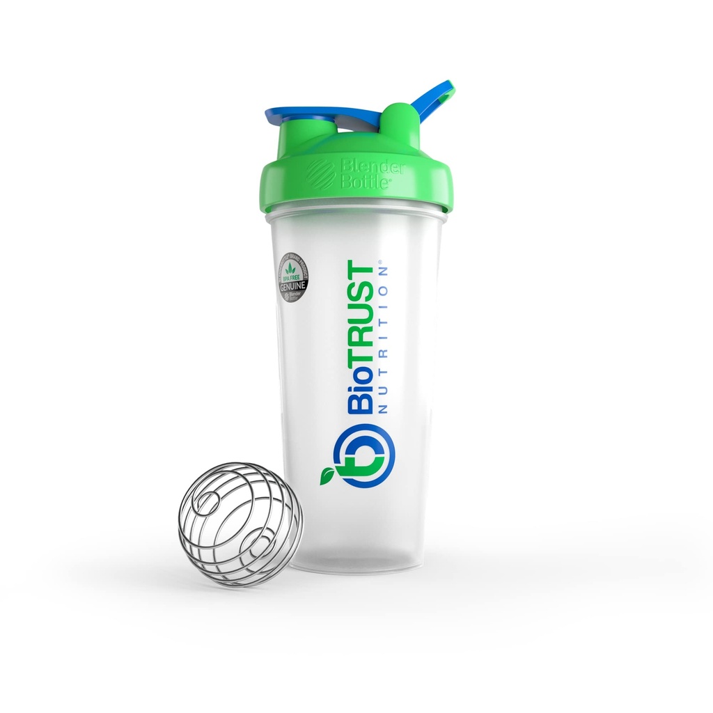 BioTRUST BlenderBottle Sticla Classic Shaker, 28-Ounce cu buclă, Clear/Green