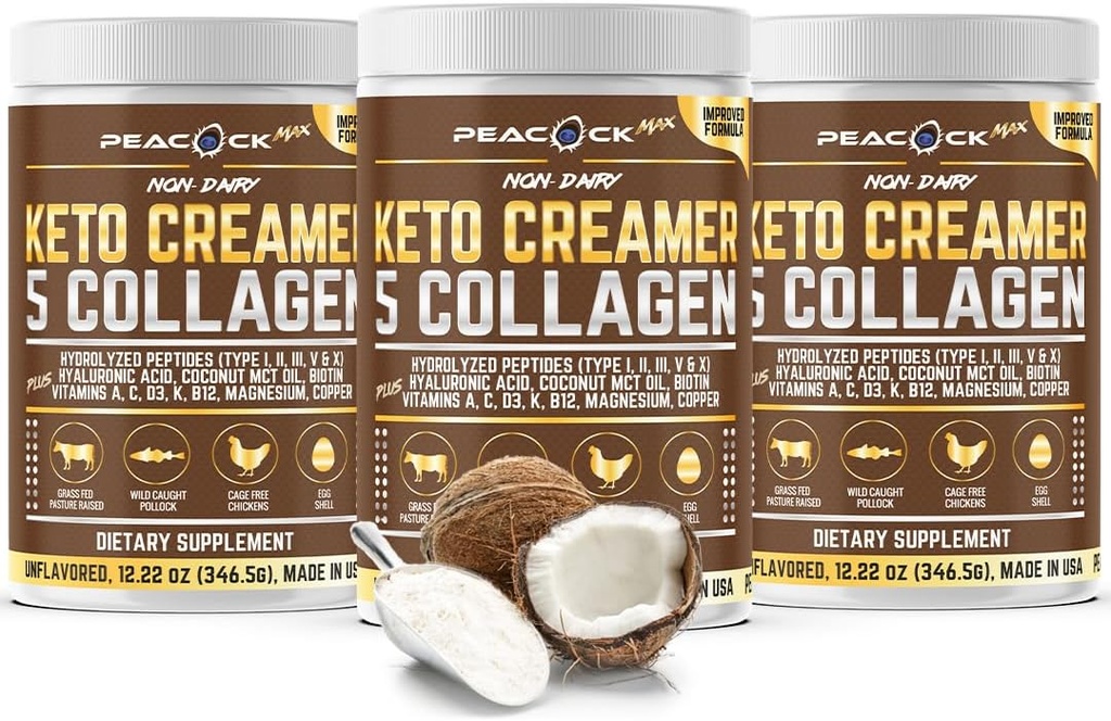 Colagen Keto Coffee Creamer Powder 12.22 oz, Pack of 3, Hydrolyzed Colagen Peptides with Coconut MCT Ulei, Magneziu, Pulbere de proteine nearomatizate, Crema de cafea fără zahăr pentru Smoothies