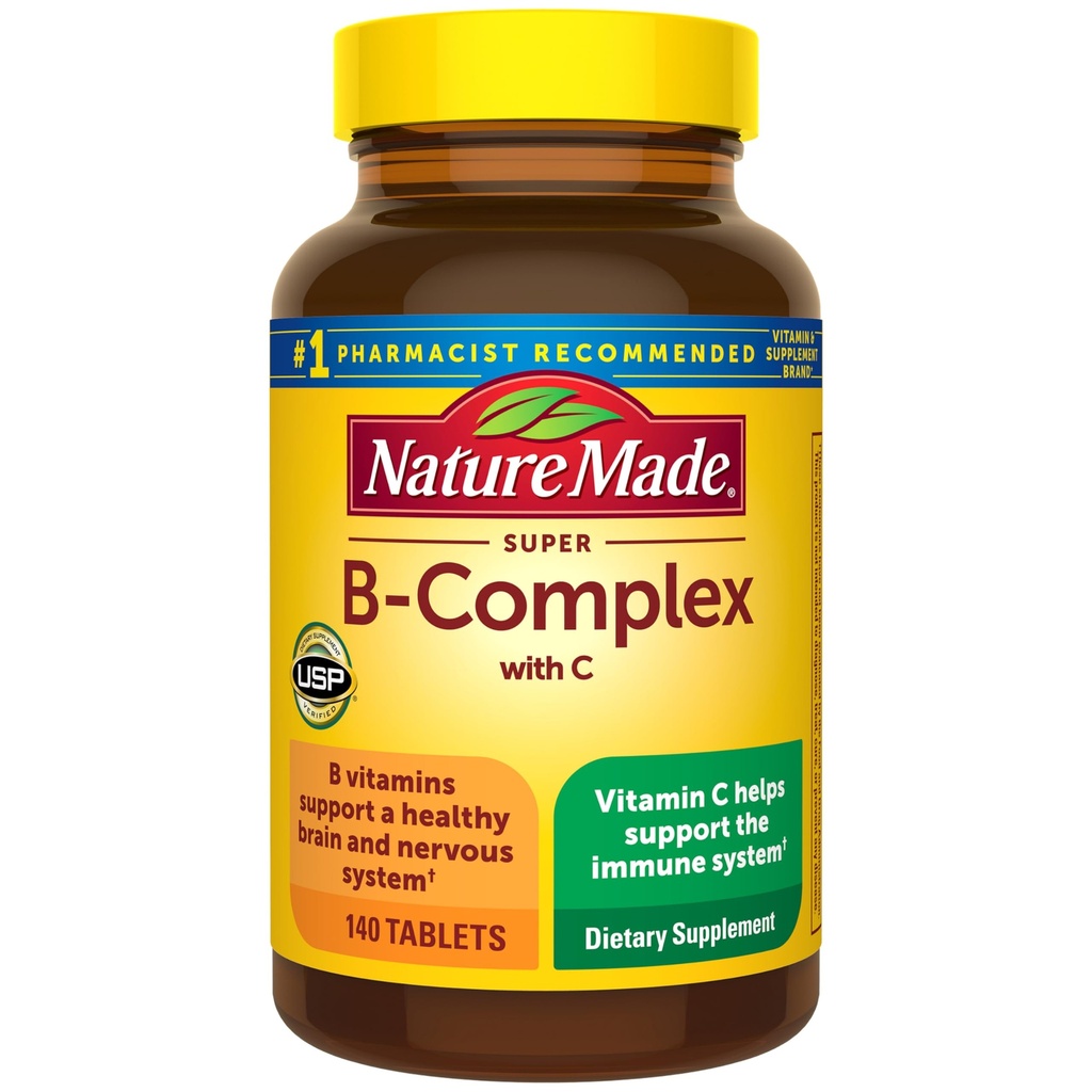Natura Made Super B Complex cu vitamina C & Acid folic, B Complex vitamine pentru femei și bărbați, Supliment alimentar pentru suport imunitar, 140 comprimate, 140 zile de aprovizionare