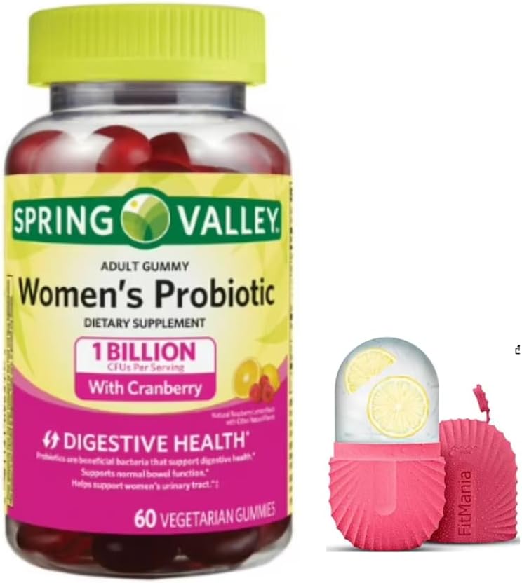 FitMania Spring Valley Femeii Cranberry Probiotic Supliment Valea de primăvară Vegetarian Gumies, Raspberry Lemon, 60 Conte și un cadou Roler de gheață pentru Face