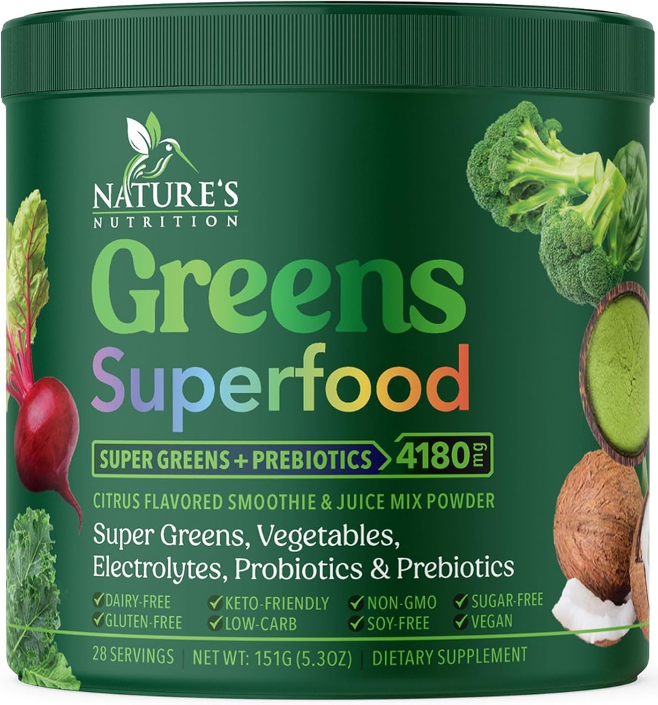 Greens Powder Superfood - Premium Organic Super Greens Juice Powder - Packed with Probiotics, Wheat Grass, Enzime, Spirulina, Chlorella for Digestive & Gut Health, Smoothie Drink Mix - 28 Servings