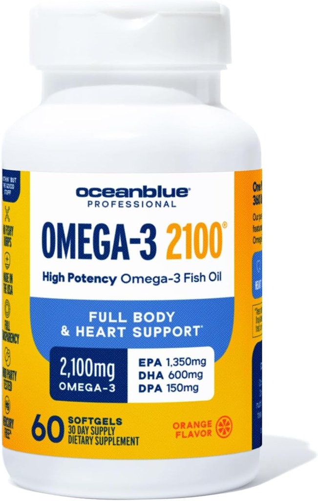 Oceanblue Professional Omega-3 2100-60 Count - Putere mare Triple Putere Burpless Fish Oil Supliment cu EPA, DHA & DPA - Orange Flavor, 30 Serviri
