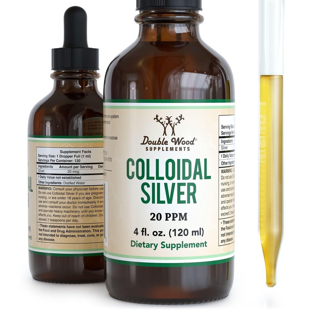Lichid de argint coloidal 20 PPM - 4 Fl OZ (Plata Coloidal cu picurator) 99.9% Pur, Gluten gratuit, non-GMO de suplimente de lemn dublu