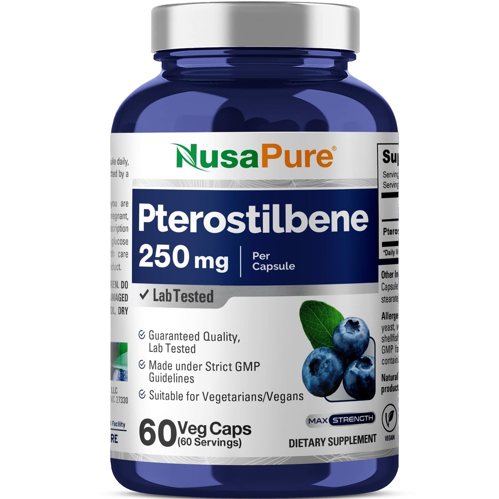 NusaPurePterostilbene 250mg per Veggie Caps, 60 Conte (Non-GMO, Vegan)