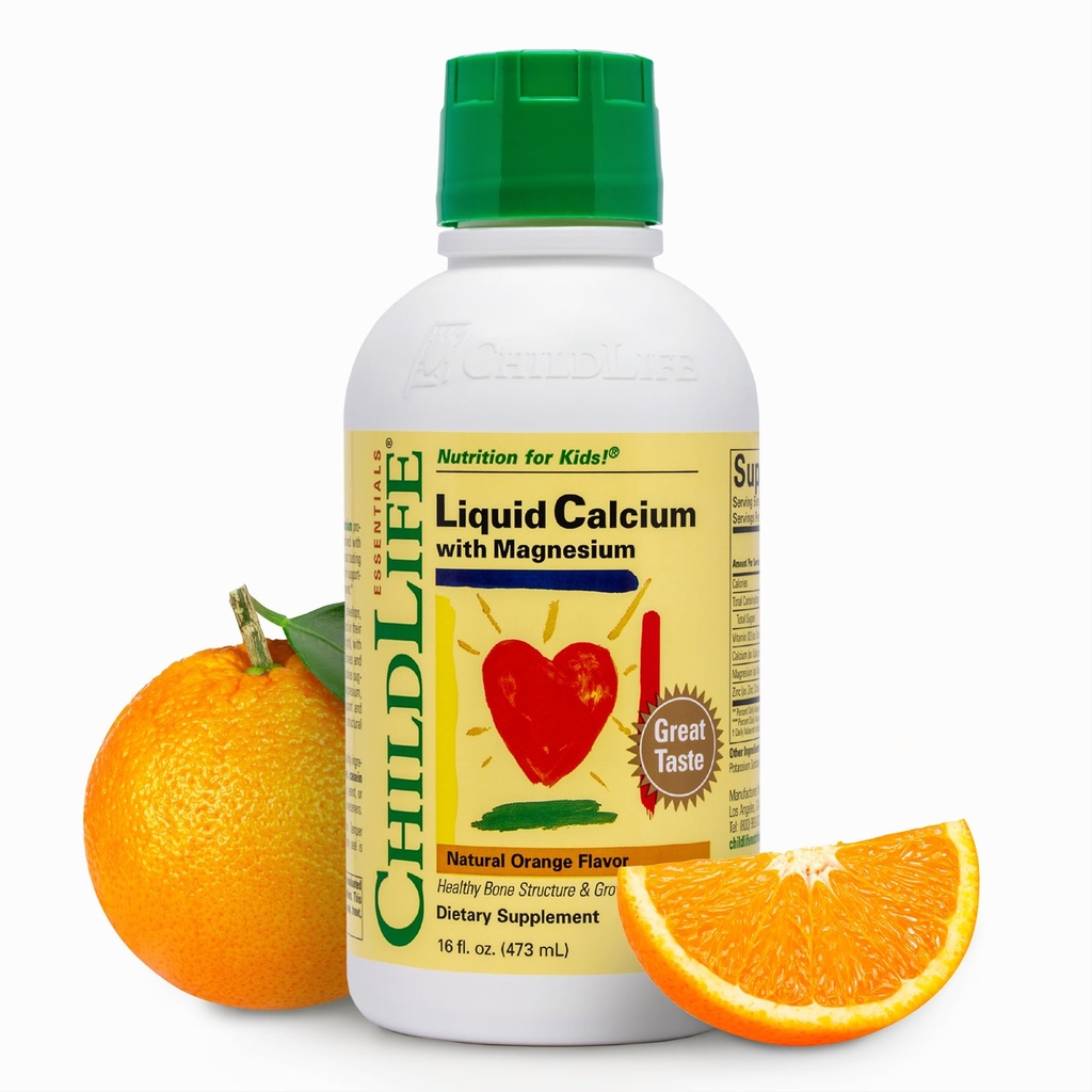 CHILDLIFE ESENȚIALE Supliment de calciu lichid pentru copii - Baby Calciu cu magneziu, zinc și vitamina D3 - Orange Flavor, 16 fl oz (1 ambalaj)