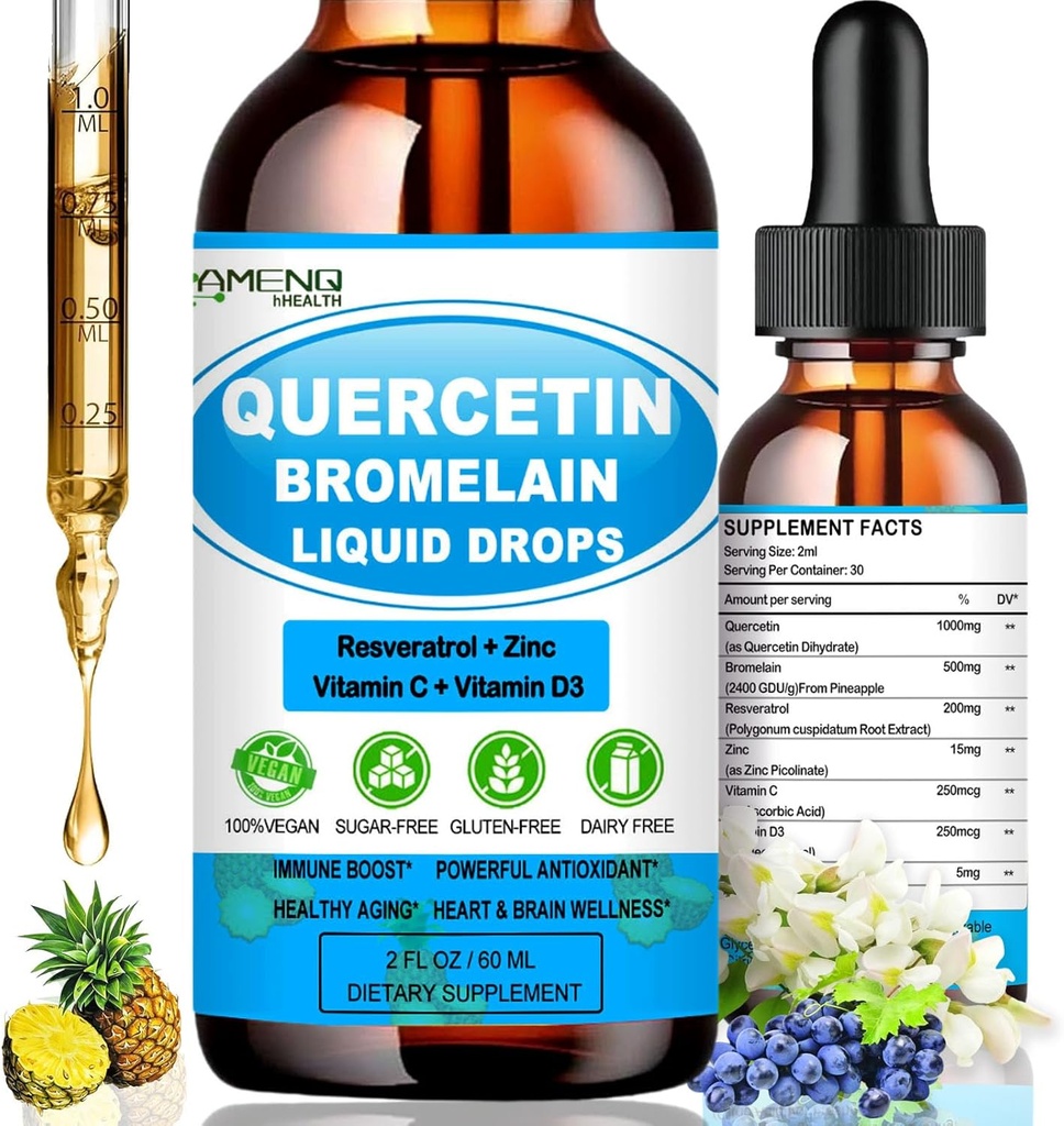 Quercetină cu vitamina C și zinc - Quercetin picături lichide - Quercetină cu Bromelain - Cercetină de zinc - Suplimentul de sprijin imun pentru sănătatea respiratorie și răspunsul organismului la alergii ocazionale