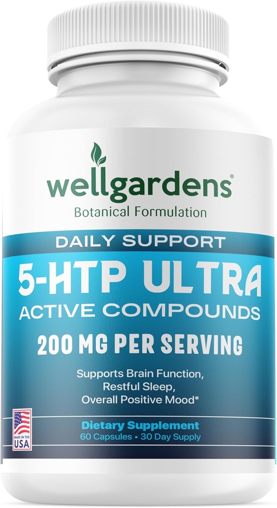 100% Pure 200 MG 5-HTP Ultra pentru somn sănătos și senzația de bine - Suport stare de spirit, stres, somn - 5HTP Supliment cu calciu - 60 5HTP 200mg Capsule, 30 Serviri