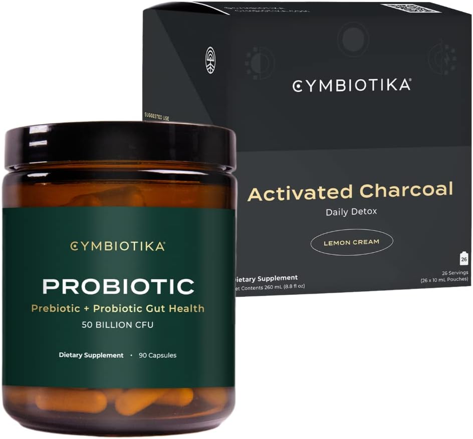 CYMBIOTIKA Probiotic 50 Miliarde CFU și activat supliment lichid charcoal, Suportă Digestia sănătoasă pentru bărbați și femei, Detoxifiere stomac și Digestive Relief, Ajuta Alleviate gaz și balonare, Ușor de utilizat