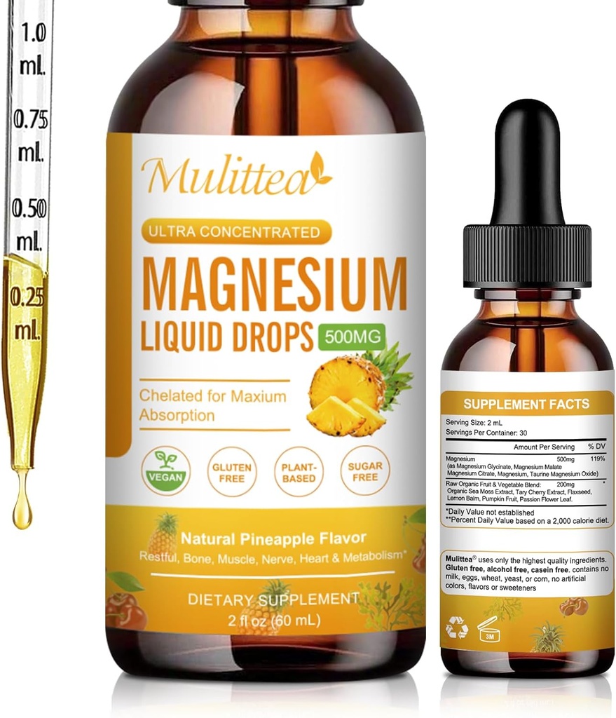 Drops lichid de magneziu - supliment complex de magneziu de înaltă absorbție 5-in-1 cu glicinat de magneziu, Malate, Citrate, Taurate - pentru oase, mușchi, nervi și energie - Vegan, Sugar Free, 2 Fl.oz