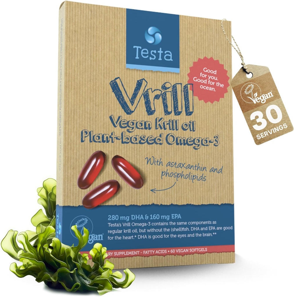 Testa Omega 3 Vegan Krill Supliment-1000mg Softgels, 2 Times More Omega-3, DHA, EPA, Astaxantina, Fosfolipide - inima, creier, ochi, suport comun - Nu de la pește, Algae Sursa - 60 Softgels