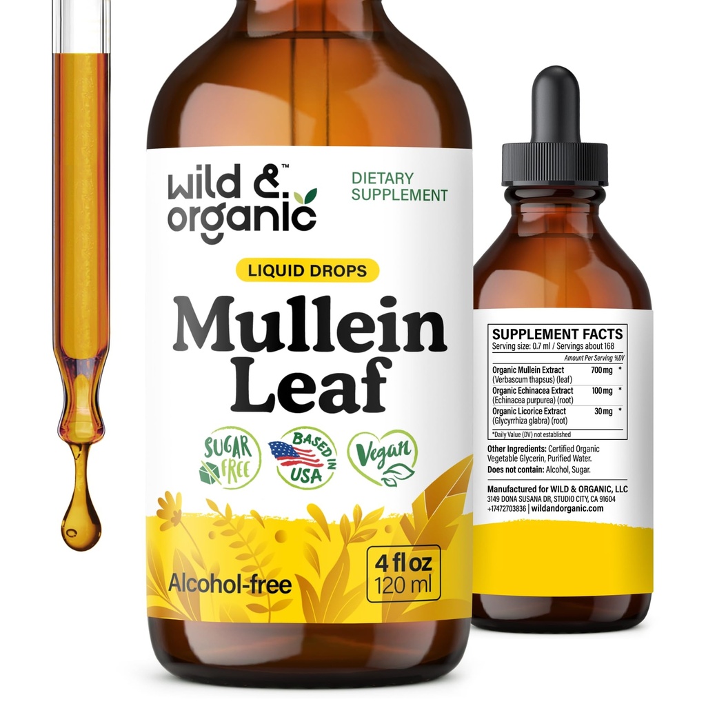 Mulein Tinctură sălbatică și organică - Lung Cleanse și detox - Extract de frunze de Mullein lichid pentru plămâni cu Echinacea - Verbascum Thapsus picături - Vegan, Sugar & Alcool - 4 fl oz