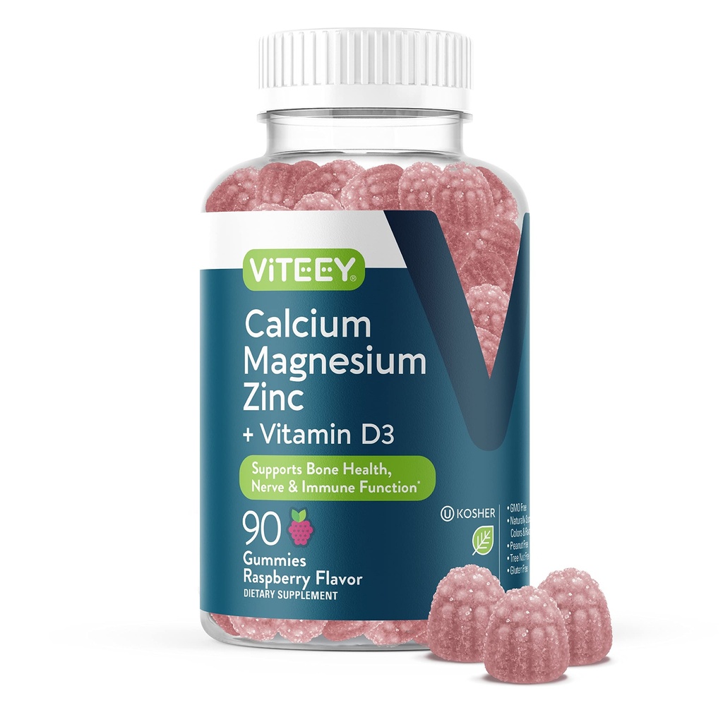 Gume de zinc de calciu Viteey de magneziu cu vitamina D3 - suporta sanatatea osoasa, nervi si functie imuna - zinc de calciu D3 pentru adulti si adolescenti - OMG-uri libere - Gummy aroma de zmeura