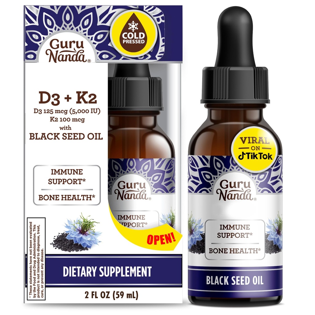 GuruNanda Black Seed Oil, Cold-Pressed Nigella Sativa - bogat în vitamina D3 5000 Unităţi, K2 & E, High Thymo