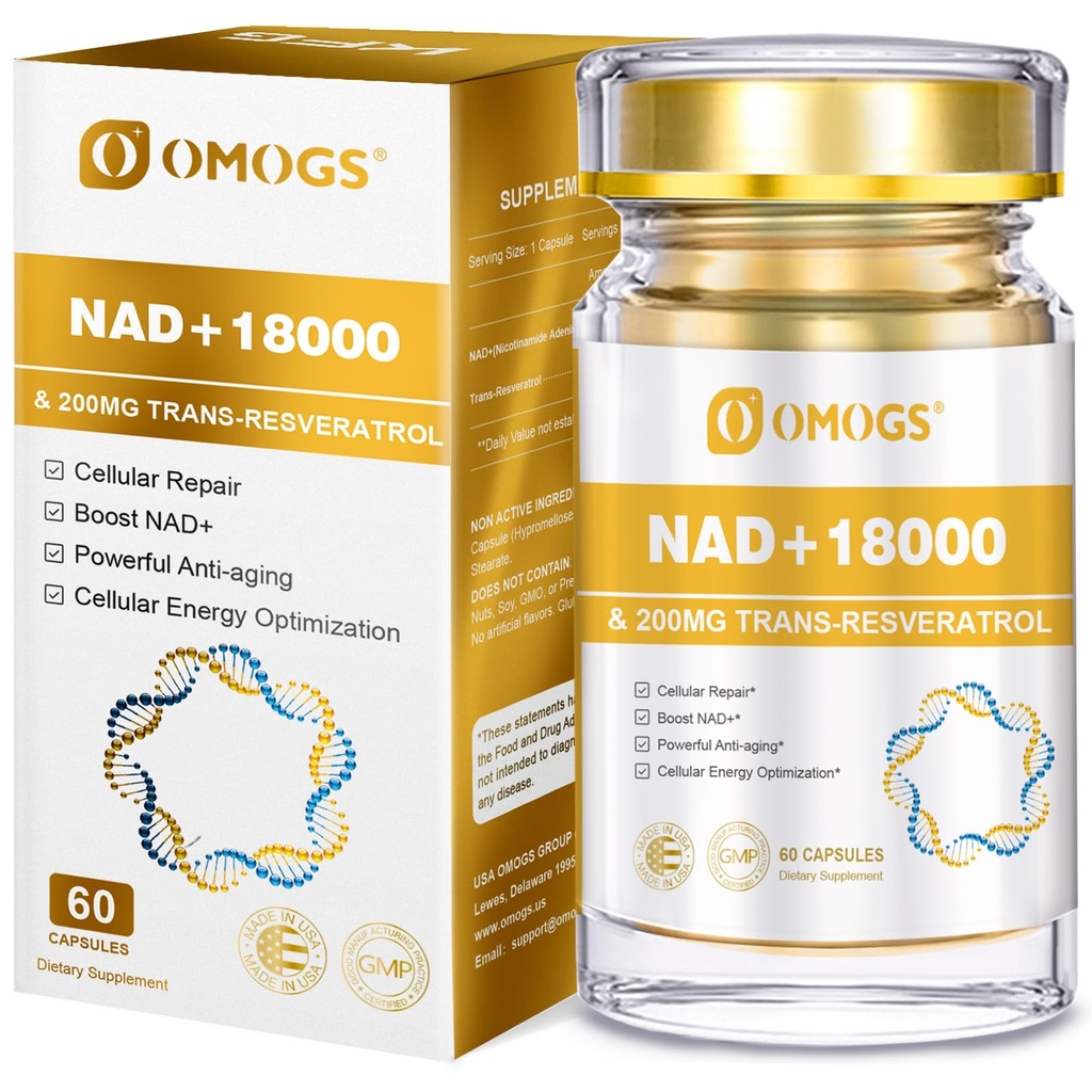 OMOGS NAD+ 300 mg + Trans-Resveratrol 200 mg, Pure NAD Supliment, Max Absorbție, Boosting Supliment pentru repararea ADN-ului, Îmbătrânire Sanatos, Energie Cellulară & Longevity, 60 Capsule
