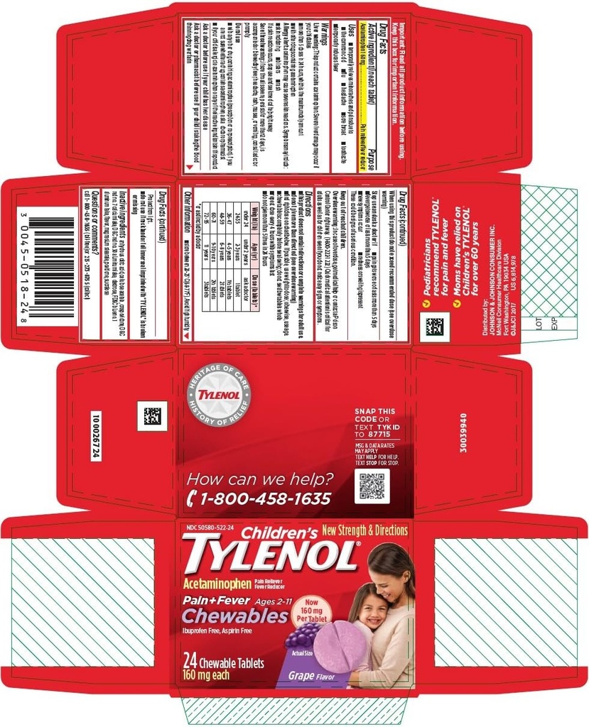 Tylenol Durere pentru copii + Febră Comprimate masticabile Aromă de struguri - 24 ct, Pachet de 4