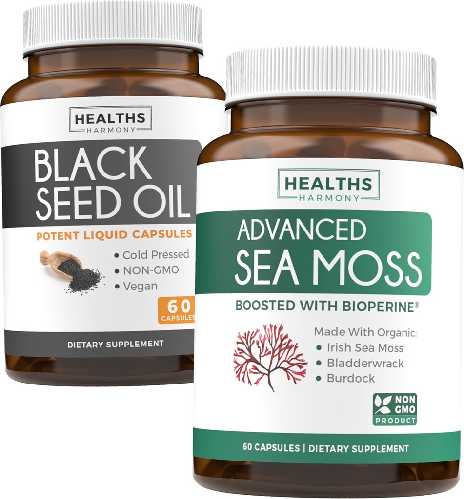 Black Seed Oil & Irish Sea Moss (1-Month Supply) - Wellness Duo Bundle of Black Seed Oil (60 capsule) Cold-Pressed Nigella Sativa & Irish Sea Moss (60 capsule) with Bioperine and Bladderwrack
