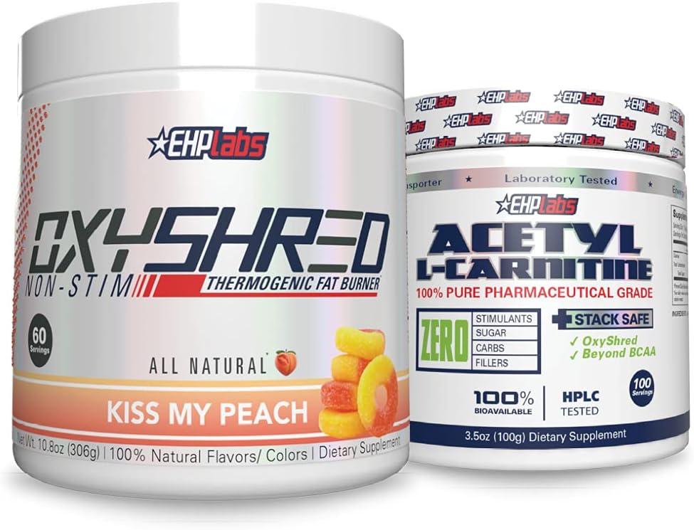 EHP Labs Non-Stim + Acetil Bundle - OxyShred Termogen Pre Workout Pulbere & Suplimentul de Shreding - Acetil L-Carnitina - Sprijină producția de energie naturală, SIDA Metabolism, și funcția creierului sănătos