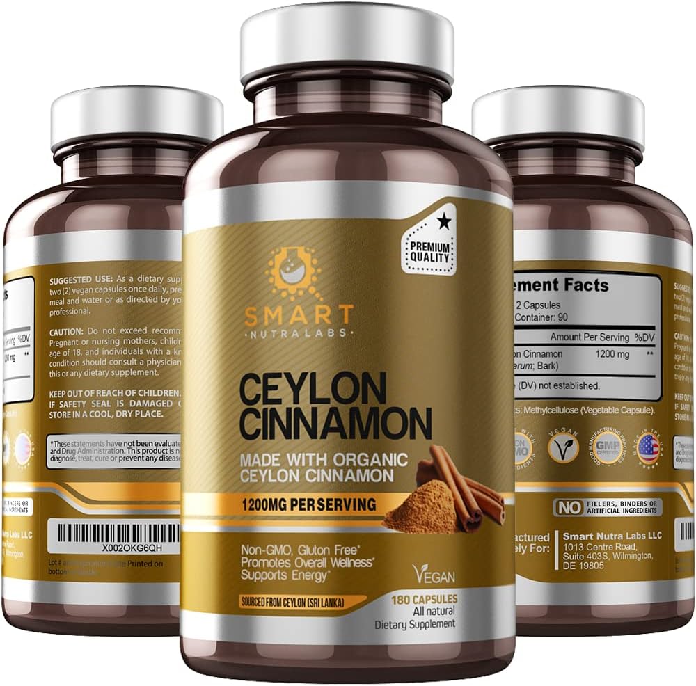 Smart Nutra Labs Organic Ceylon Cinnamon Supliment 1200mg per Servire, 180 capsule Vegan, 100% Pure, True Ceylon Scorțișoară