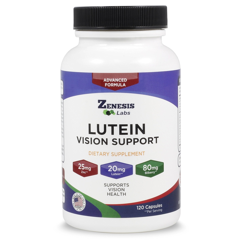 Zenesis Labs Lutein Vision Support - Essential Eye Vitamin - cu bilberry, Beta-Caroten, Zinc, Seminte de struguri si alte Minerale - 120 Capsule - 60 zile de aprovizionare