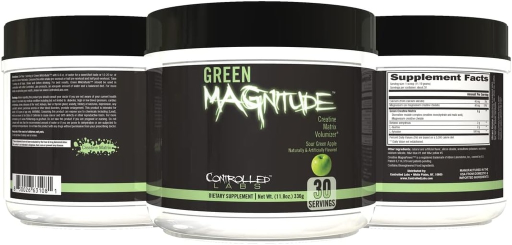 CONTROLLED LABS Green Magnitude Supplement, Synergistic Creatine Formula Powder, Promotes Strength, Stamina, and Performance, (Sour Green Apple, 30 Servings)