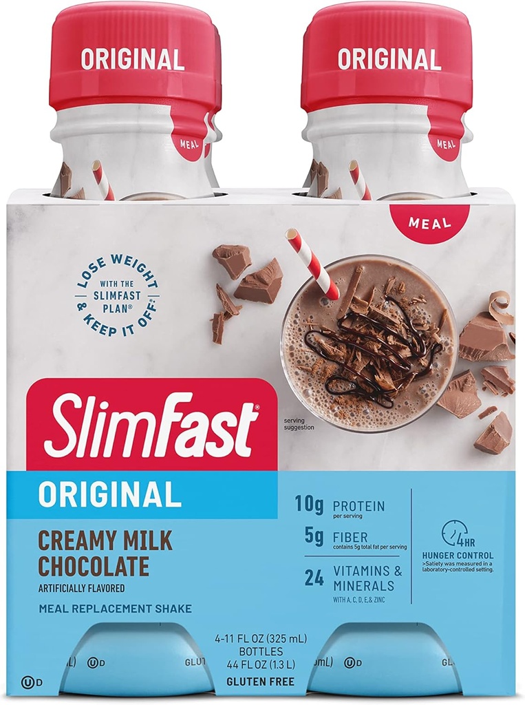 SlimFast Masă de înlocuire Shake, Original Creamy Milk Chocolate, 10g de gata să bea proteine pentru pierderea in greutate, 11 Fl. Oz Sticla, 4 Conte (Packaging May Vary)