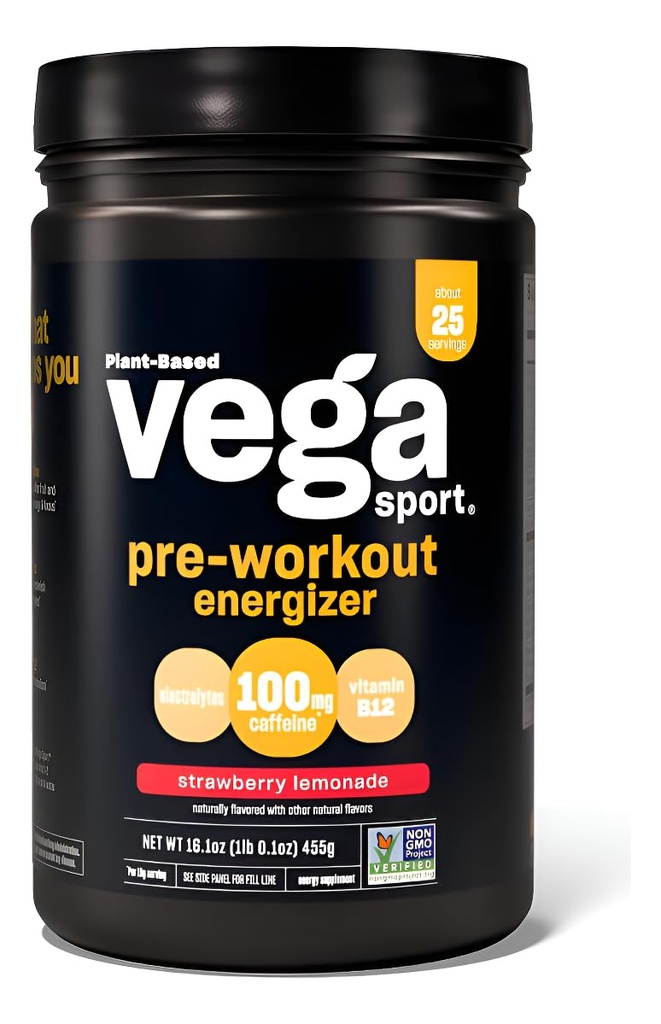 Vega Sport Pre-workout Energizer, Strawberry Lemonade - Pre Workout pulbere pentru femei și bărbați, Sprijină Energie și Focus, Electroliti, Vegan, Keto, Gluten gratuit, Non OMG-uri, 1.1 lbs