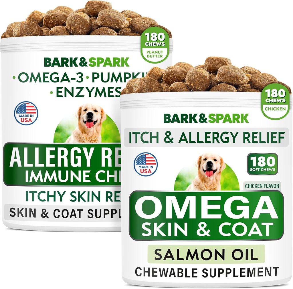 Alergie Relief + Omega 3 pentru câini Bundle - Anti-Itch Skin & Coat + Skin Allergie - Omega 3 Ulei de pește + EPA & DHA Acid gras - Mâncărime & Paw Licking + Joint Health - 360 Chews - Made in USA