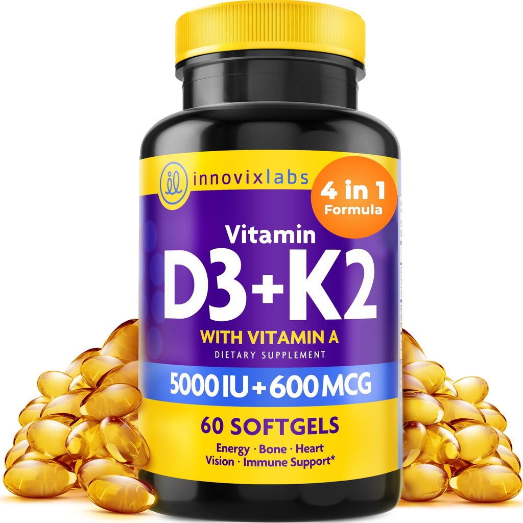 InnovixLabs Vitamina D3 K2-5000 UI Vitamina D3 Plus 600 mcg Vitamina K2 MK4 şi MK7 pentru absorbţia de calciu Max, susţine oase, imun, Heart Health, 3rd Party testat, Gluten gratuit, 60 Softgels