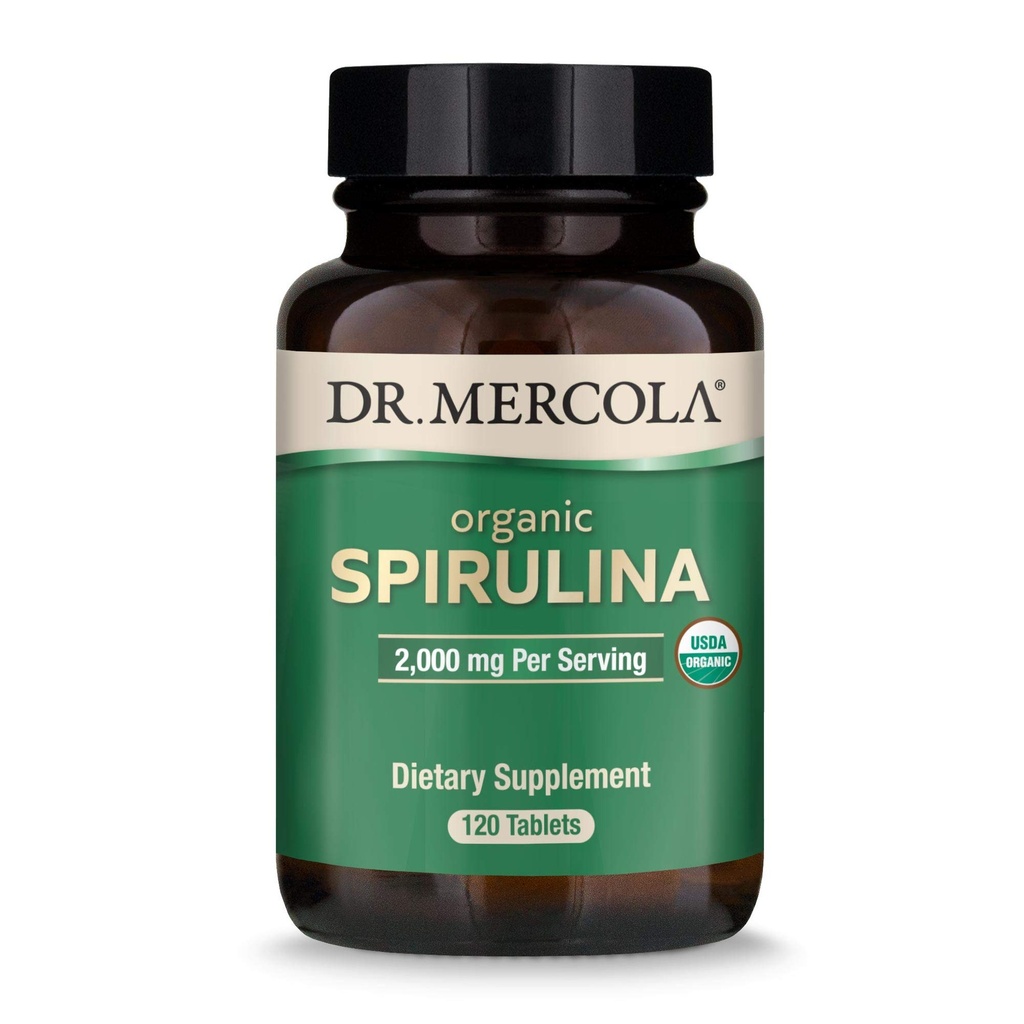 Dr. Mercola Organic Spirulina - 2000 mg - USDA Organic - Sustine detoxifiere normala si sanatate imuna - Intregul aliment Superfood - Non-GMO, Gluten-Free & Soy-Free - 120 comprimate