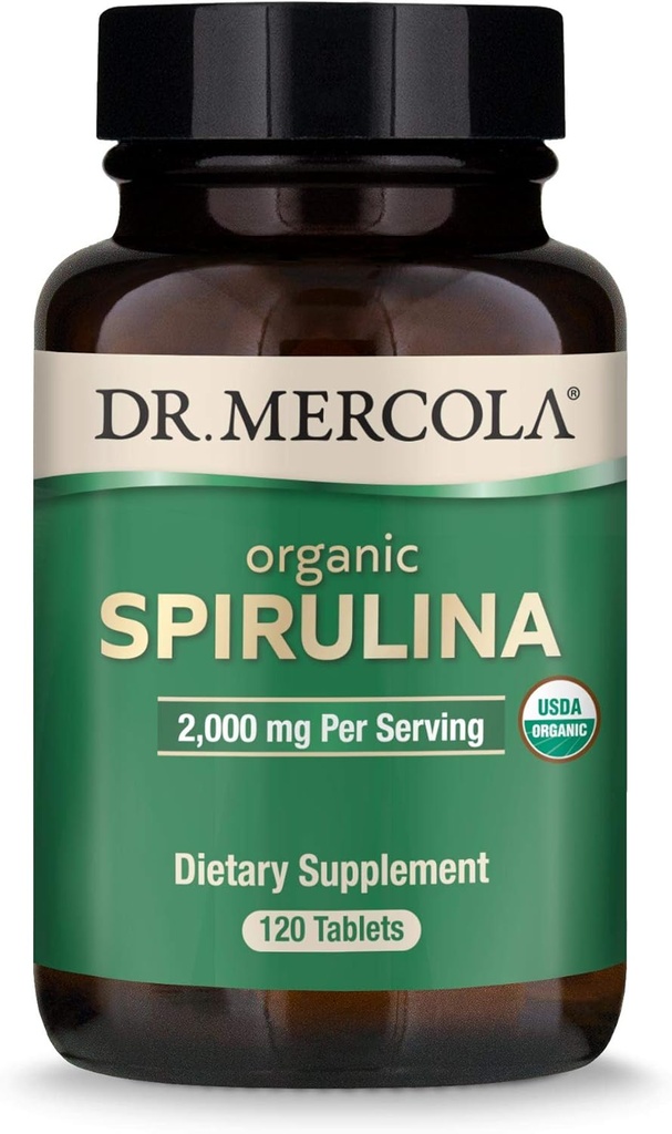 Dr. Mercola Organic Spirulina - 2000 mg - USDA Organic - Sustine detoxifiere normala si sanatate imuna - Intregul aliment Superfood - Non-GMO, Gluten-Free & Soy-Free - 120 comprimate