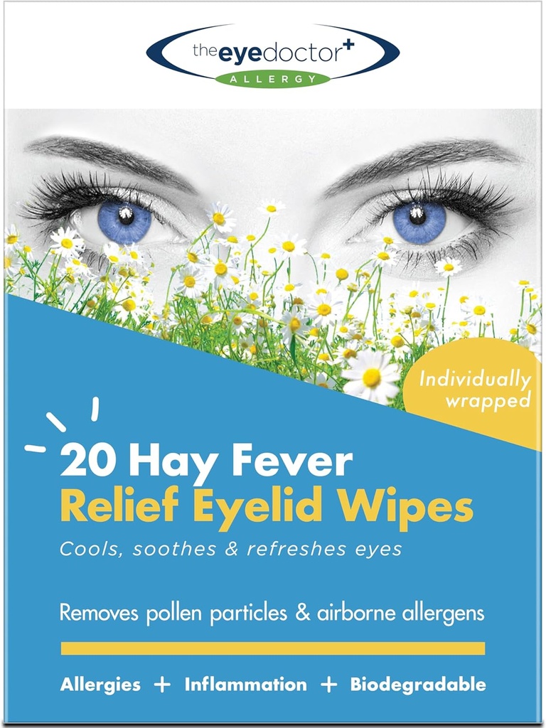 Eye Doctor Hay Fever Relief Eyeled Wipes - 20x Single Use Eye Wipes for Alergy & Hayfever - Inflamare, Watery Itchy Eyes, Heaches & Migraines - Refrigerare Soothing Relief