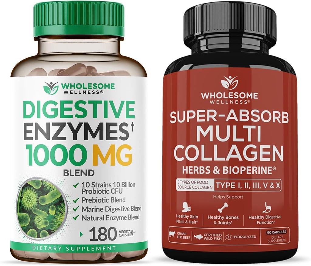 Inteligent Wellness Digestive Enzime 1000MG Plus Prebiotice & Probiotice Supliment + Super-Absorb Multi Colagen Pills (Tipul I III V X) Plante organice și Bioperine Bundle