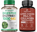 Inteligent Wellness Digestive Enzime 1000MG Plus Prebiotice & Probiotice Supliment + Super-Absorb Multi Colagen Pills (Tipul I III V X) Plante organice și Bioperine Bundle