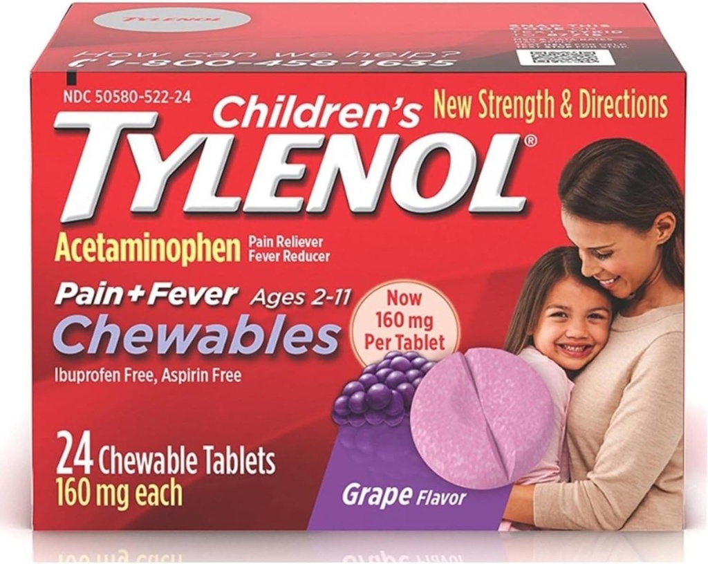 Tylenol Copii Durere + Febră Masticabile Comprimate 160 mg, Aromă de struguri 24 ea (3 ambalaj)