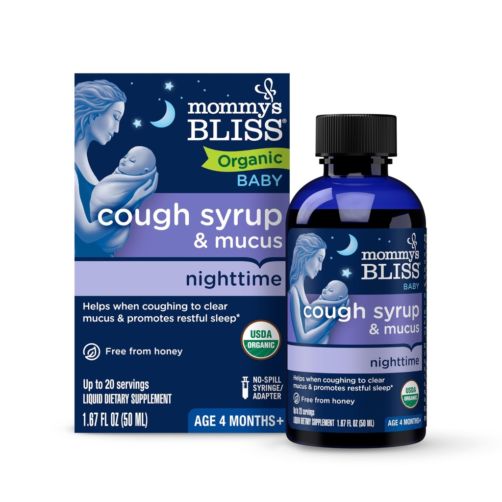 Bliss Organic Baby Cough Syrup & Mucus Night Time, Conține Organic Agave și Ivy Leaf, Made for Babys 4 month+, 1.67 Fluid Ounces