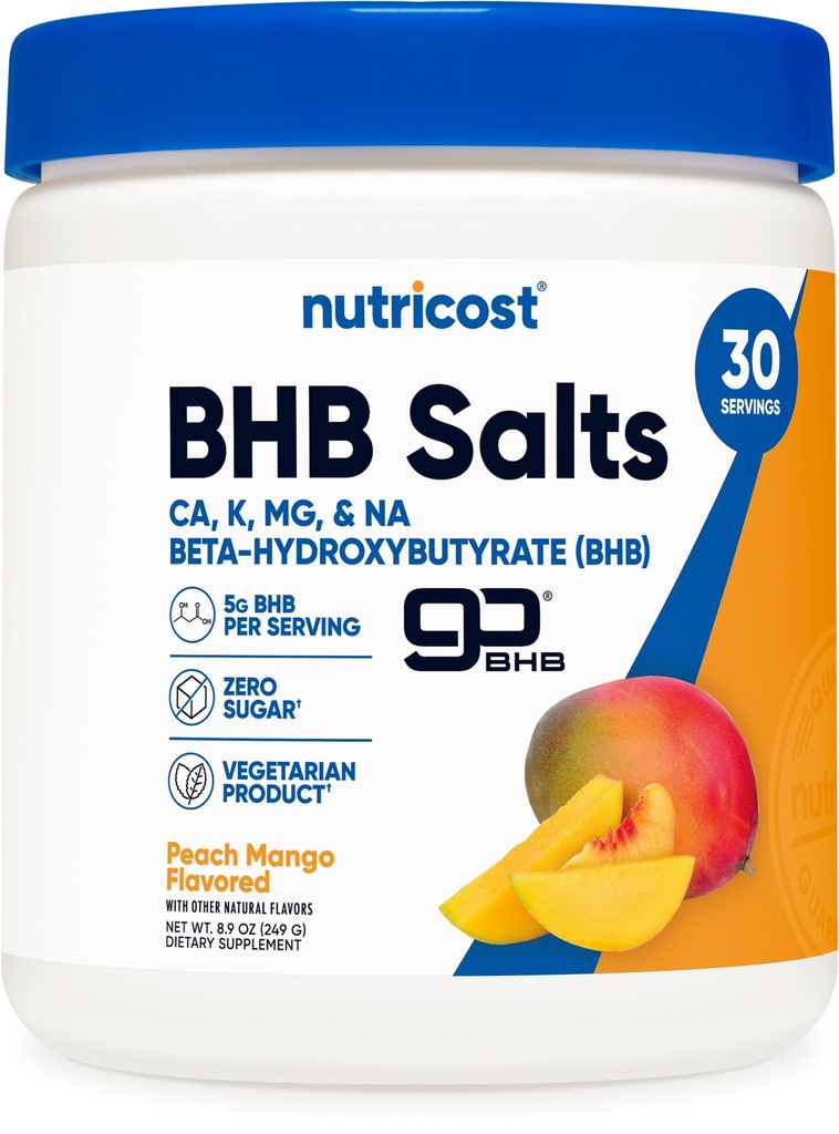 Nutricost BHB Salts Drink Mix (30 Servings, Peach Mango aromatizat) (5G BHB per Serving) - 0G Total Sugars, Produs vegetarian