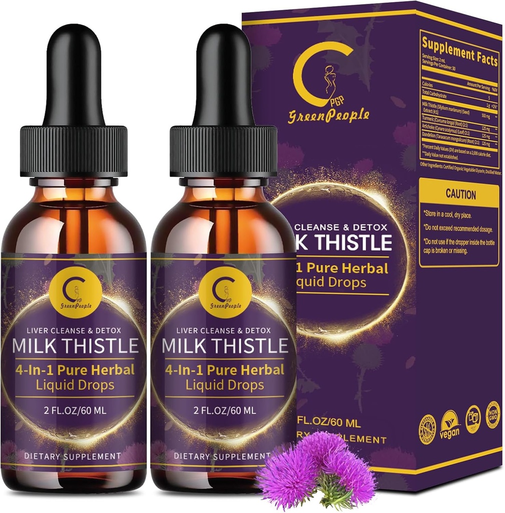 (2 ambalaj) Picături lichide de muls pentru ficat Cleanse Detox & Reparație, Milk Thistle Supliment cu Root Dandelion, Artichoke & Turmeric pentru suport hepatic și sănătate imună, Vegan, Non-GMO, 4 FL OZ