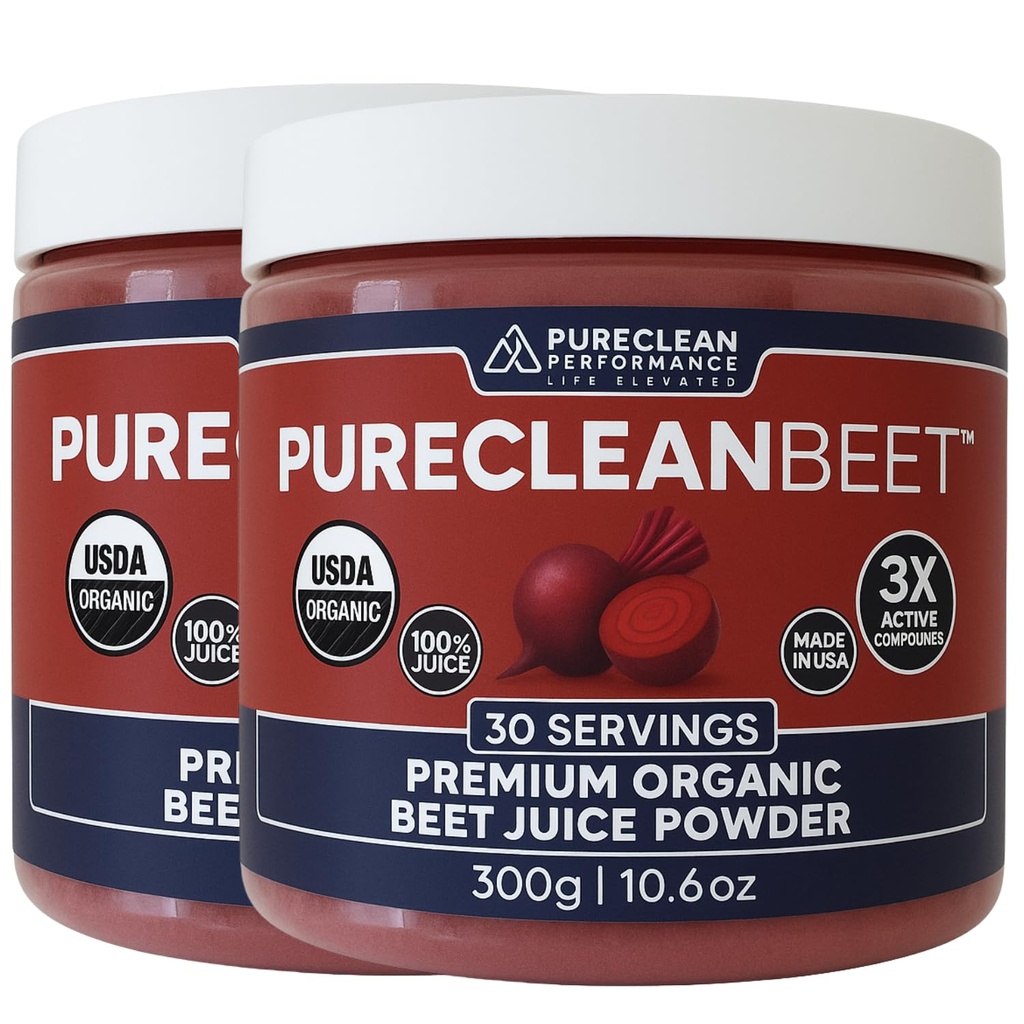 PureClean Organic Beet Juice Powder - Nitricoxid - 100% Statele Unite ale Americii Crown Beets - Organic Beet Root Powder 30 Servings, 300g (2 borcane 60 Servings)