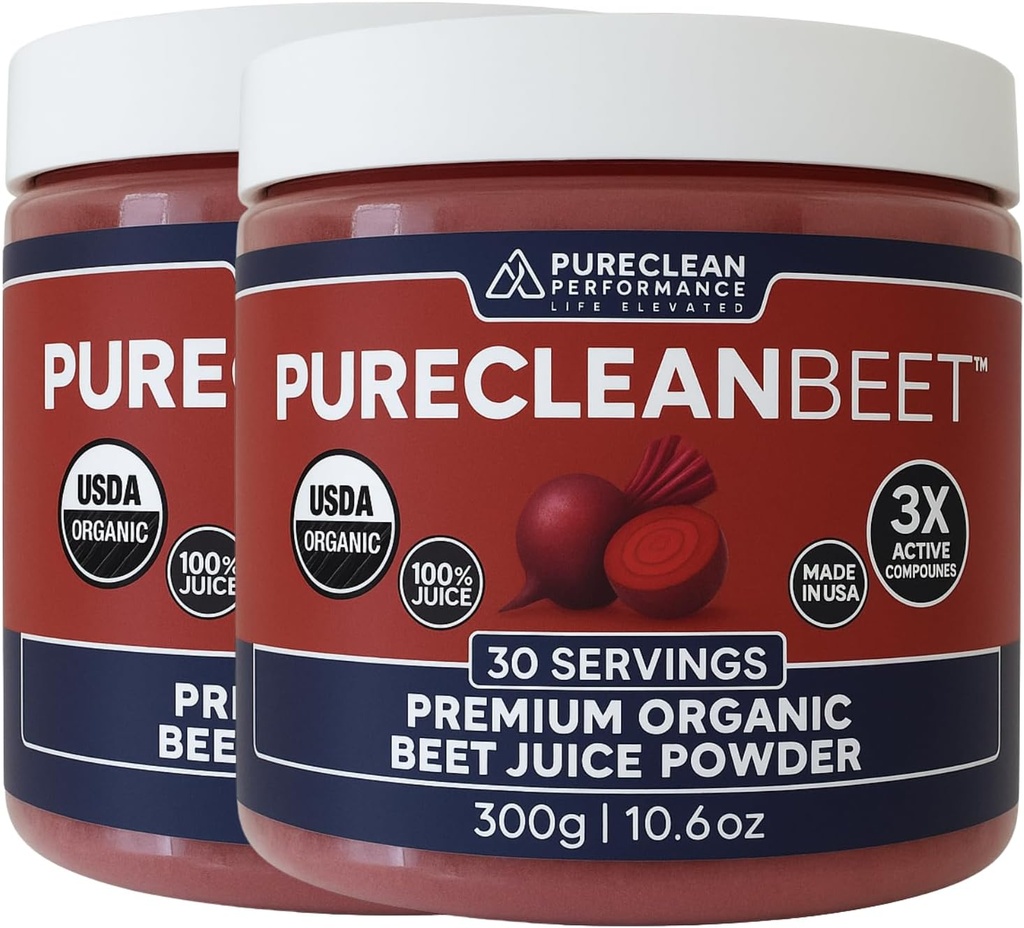 PureClean Organic Beet Juice Powder - Nitricoxid - 100% Statele Unite ale Americii Crown Beets - Organic Beet Root Powder 30 Servings, 300g (2 borcane 60 Servings)