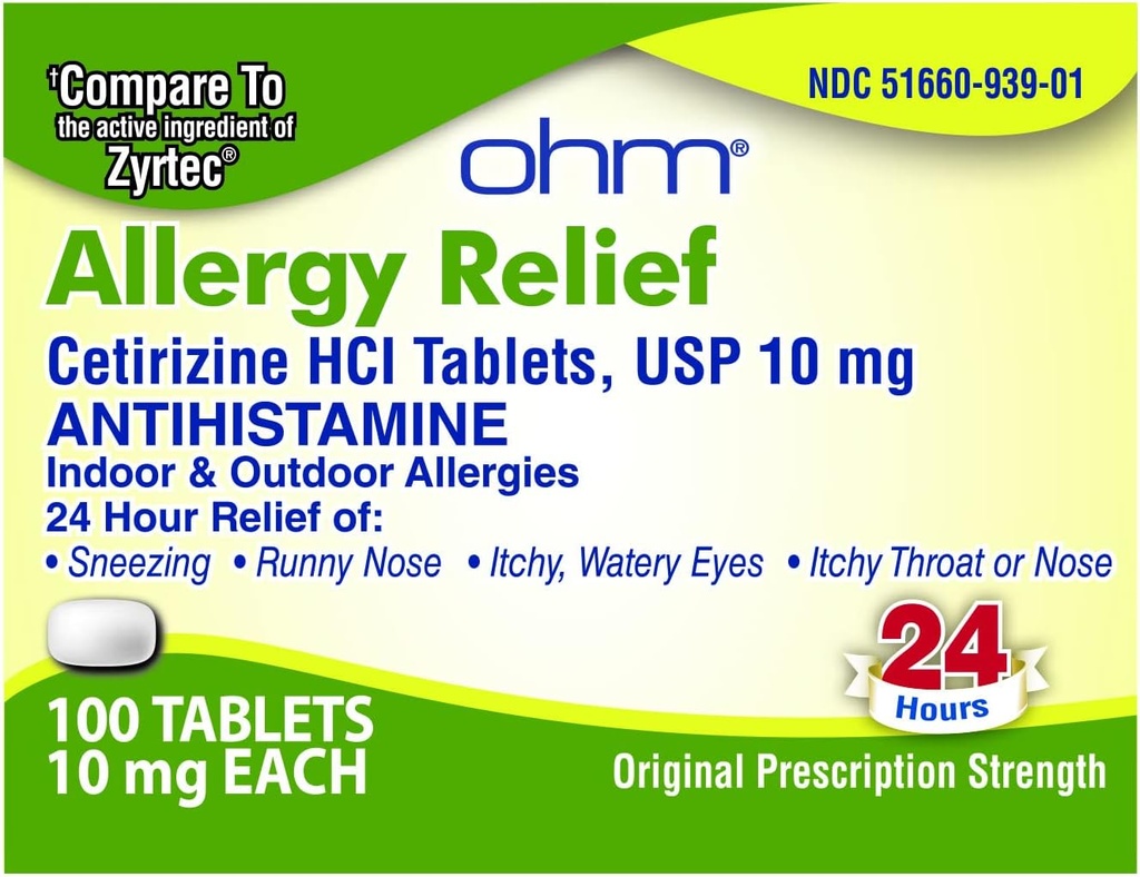 Ohm Cetirizina 10 mg comprimat - Toată ziua Ajutor pentru alergii - 100 Conte - Anti-histamina pentru febra Hay, Polen, ochi uscaţi Mâncărimi - Relief eficient de alergii de toate zilele