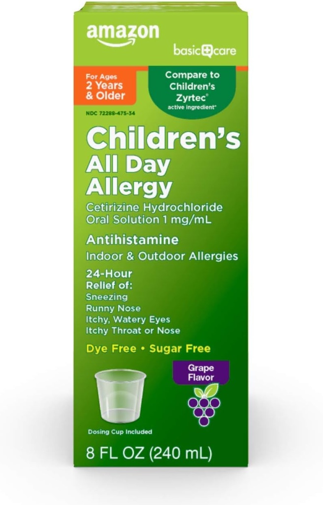 Asistenţă de bază 24 ore Alergie Relief pentru copii, Cetirizină Hydrochloride Soluţie orală 1 mg/ml, Aroma de struguri, Die Free, 8 floz (Pachet de 1)