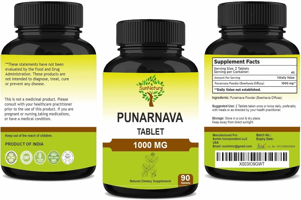 Punarnava Tablets 90 Tablets, 1000 mg| 45 Days Supply| Herbal Tablets| Herbal Supplements| Vegan | Boerhaavia diffusa | from India