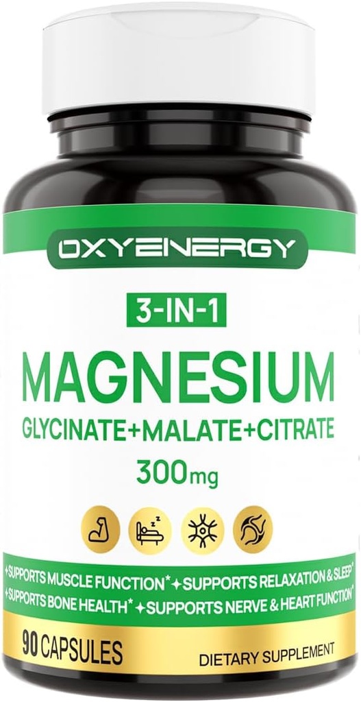 OXYENERGIE 3 în 1 Supliment Complex de magneziu, Triple Capsule de magneziu 300 mg cu Glycinate Malate Citrate, Chelated, Vegan, Absorbţie ridicată şi biodisponibilitatea, 90 capsule