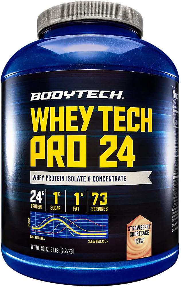 BODYTECH Whey Tech Pro 24 Pulbere de proteine - Blend de proteine enzimatice cu BCAA de combustibil musculare de creștere și recuperare, Ideal pentru post-reparare musculare clădire - căpșuni Shortcake (5 Lire)